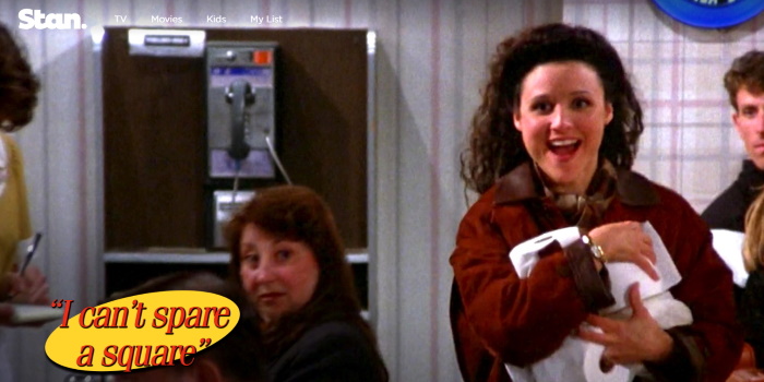 Image result for Seinfeld¨ when Elaine was in a public restroom and didn´t have any toilet paper.