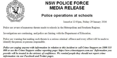 Several NSW/ VIC Schools In Lockdown Following Threats; Police Operations Under Way